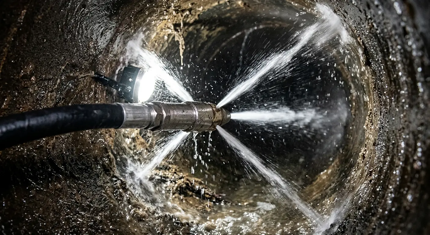 High-pressure hydro jetting nozzle cleaning sewer pipe for Sewer Cleanout in Herndon