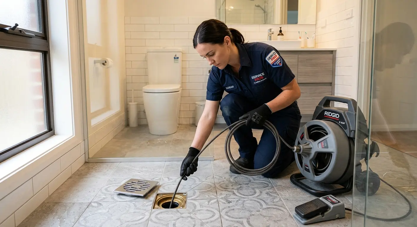 Technician clearing a bathroom floor drain for Sewer Line Replacement in Herndon